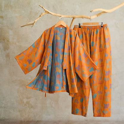 Ownkoti Ginkgo Cotton Gauze Kimono Loungewear Set - Orange - XL - image 5