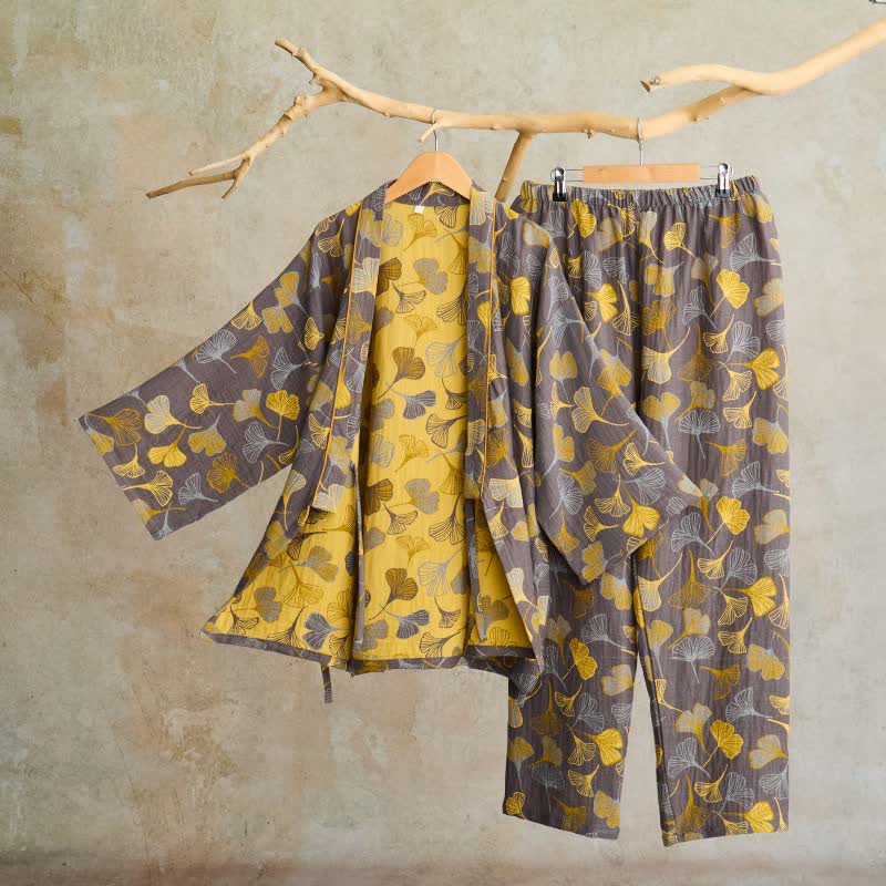 Ownkoti Ginkgo Cotton Gauze Kimono Loungewear Set - Dark Grey - XL - image 7