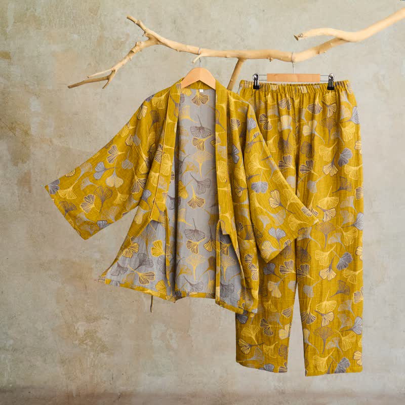 Ownkoti Ginkgo Cotton Gauze Kimono Loungewear Set - Dark Yellow - XL - image 9