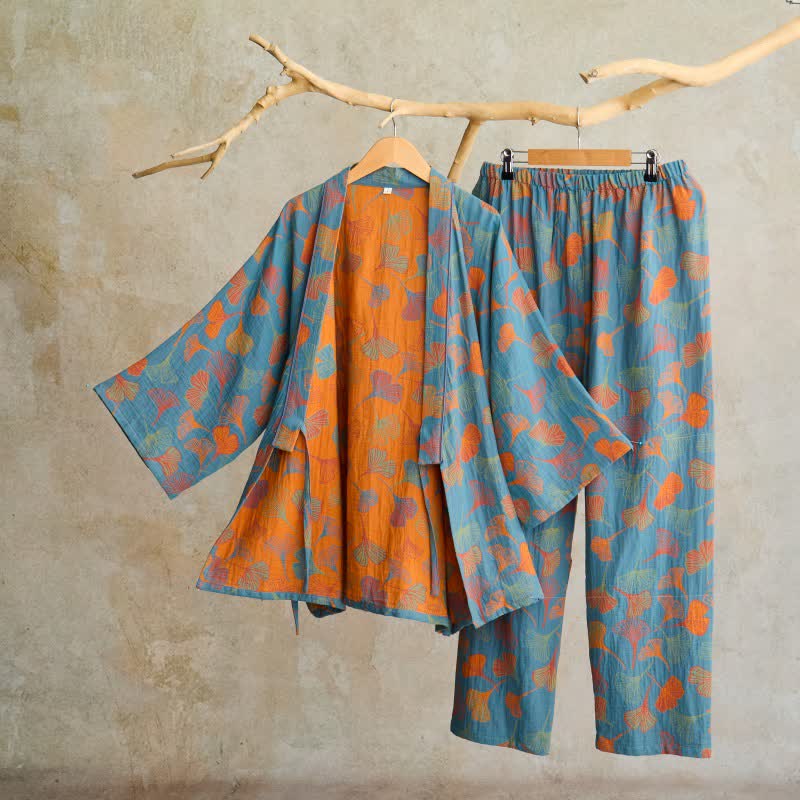 Ownkoti Ginkgo Cotton Gauze Kimono Loungewear Set - Blue - XL - image 1