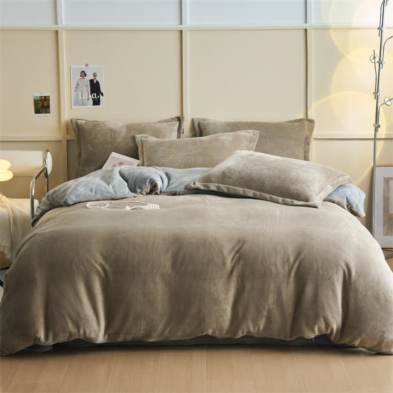 Ownkoti Simple Reversible Solid Plush Bedding Set - Khaki & Gray - Bedding Set - King - image 2