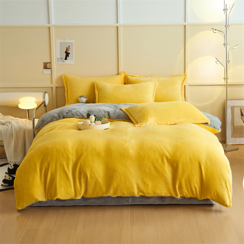 Ownkoti Simple Reversible Solid Plush Bedding Set - Yellow & Gray - Bedding Set - King - image 3