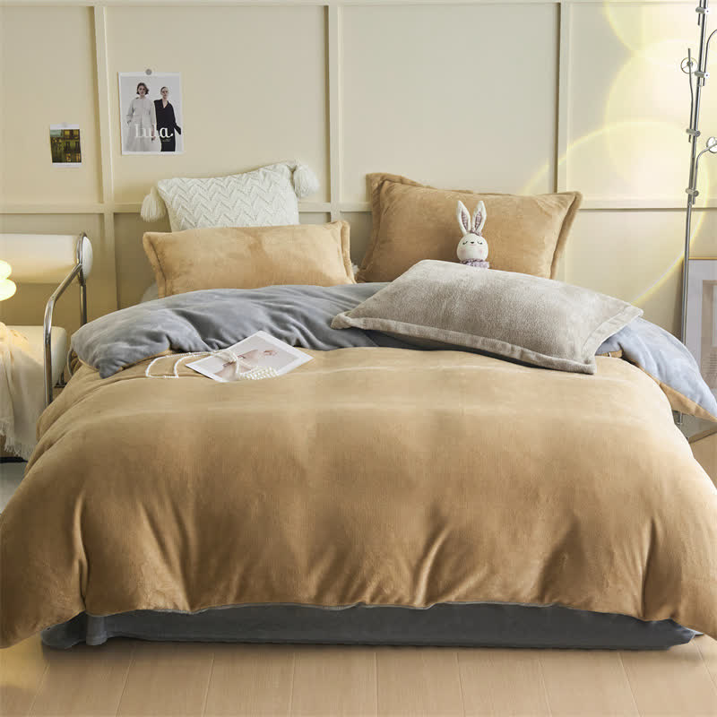 Ownkoti Simple Reversible Solid Plush Bedding Set - Camel & Gray - Bedding Set - King - image 6