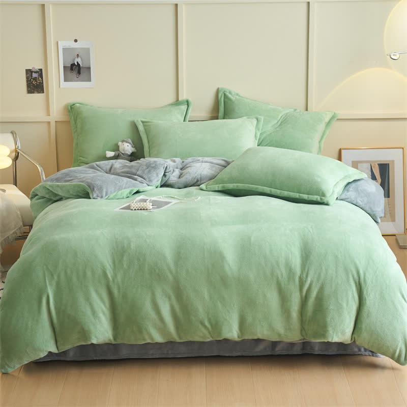 Ownkoti Simple Reversible Solid Plush Bedding Set - Light Green & Gray - Bedding Set - King - image 5
