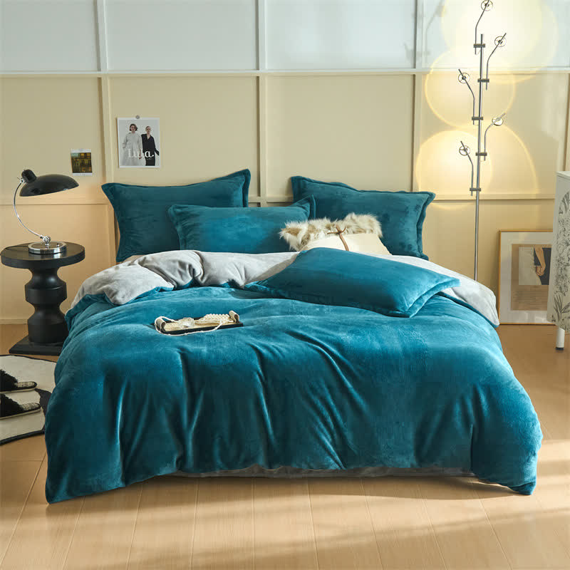 Ownkoti Simple Reversible Solid Plush Bedding Set - Peacock Blue & Gray - Bedding Set - King - image 4