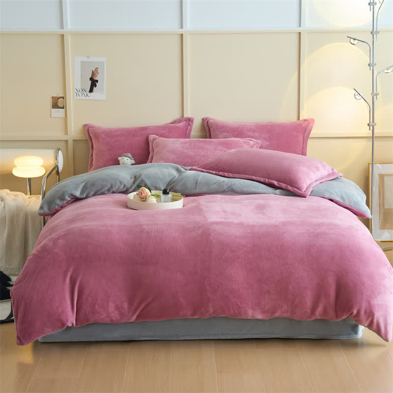 Ownkoti Simple Reversible Solid Plush Bedding Set - Dark Pink & Gray - Bedding Set - King - image 8
