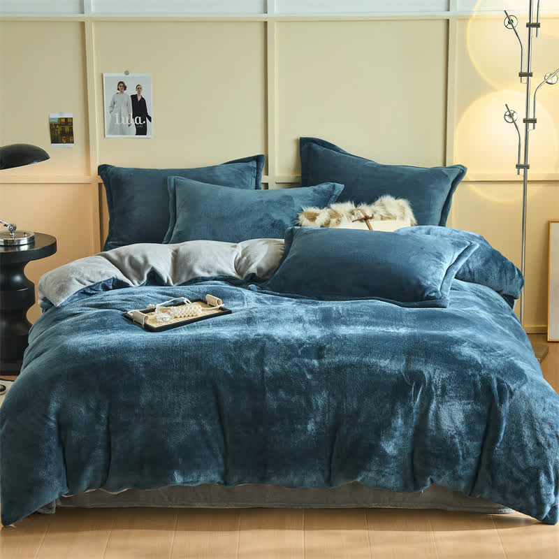 Ownkoti Simple Reversible Solid Plush Bedding Set - Navy Blue & Grey - Bedding Set - King - image 10