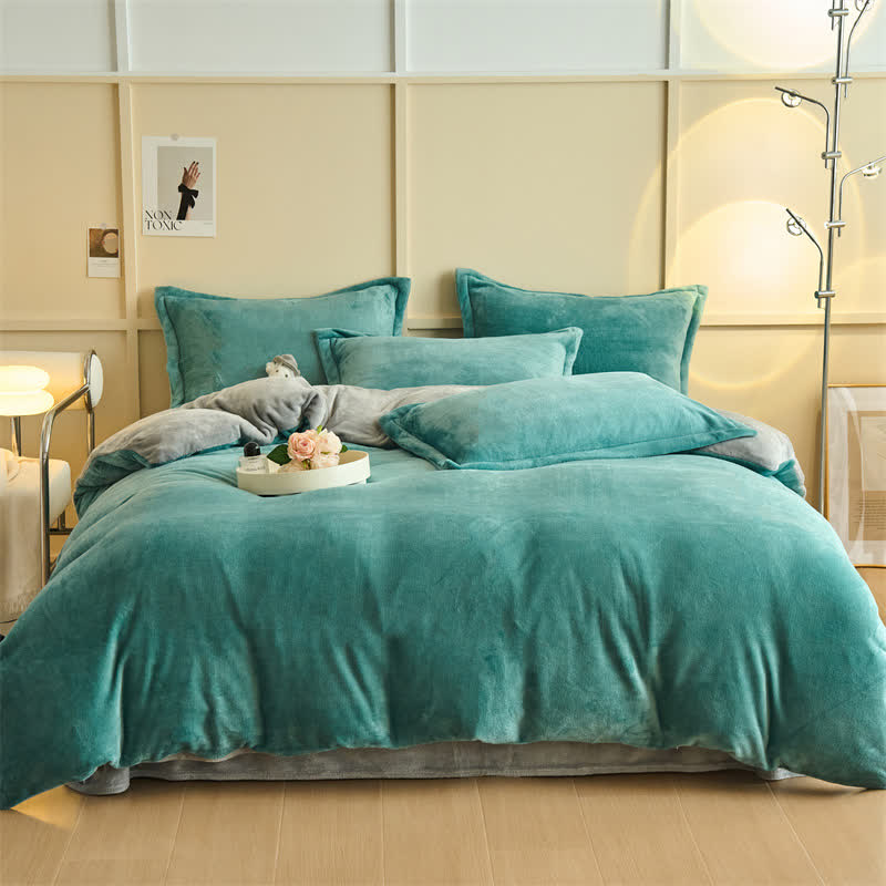 Ownkoti Simple Reversible Solid Plush Bedding Set - Cyan & Gray - Bedding Set - King - image 11