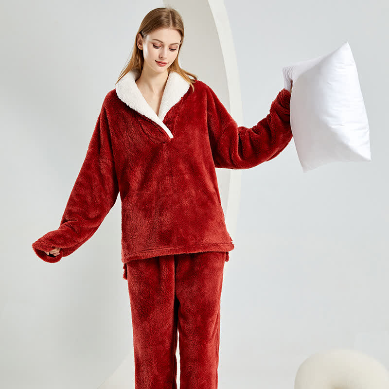 Ownkoti Simple V-Neck Warm Winter Loungewear Set - Red - 2XL - image 1