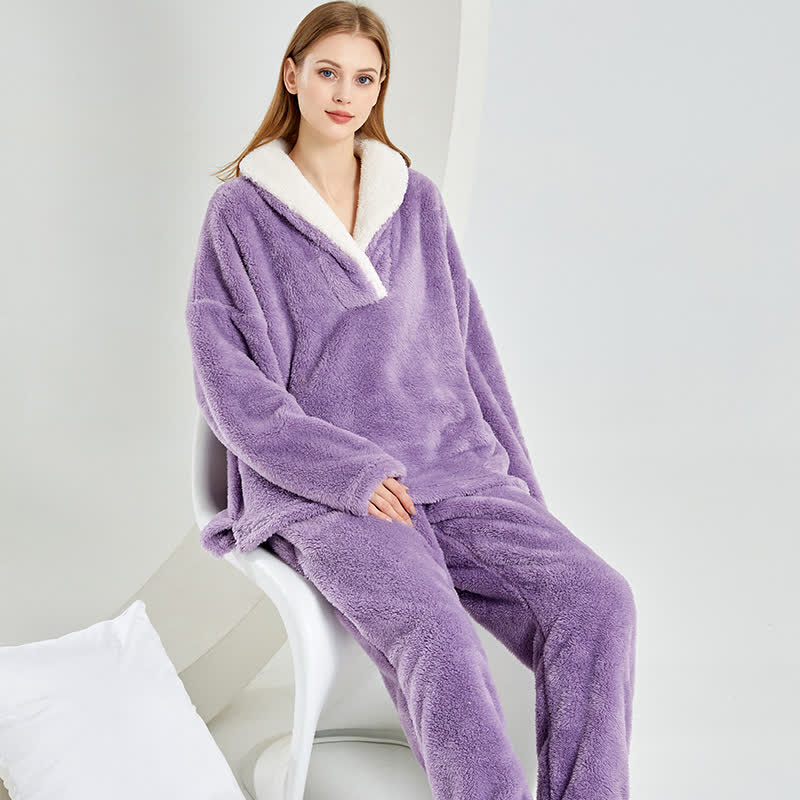 Ownkoti Simple V-Neck Warm Winter Loungewear Set - Purple - 2XL - image 4
