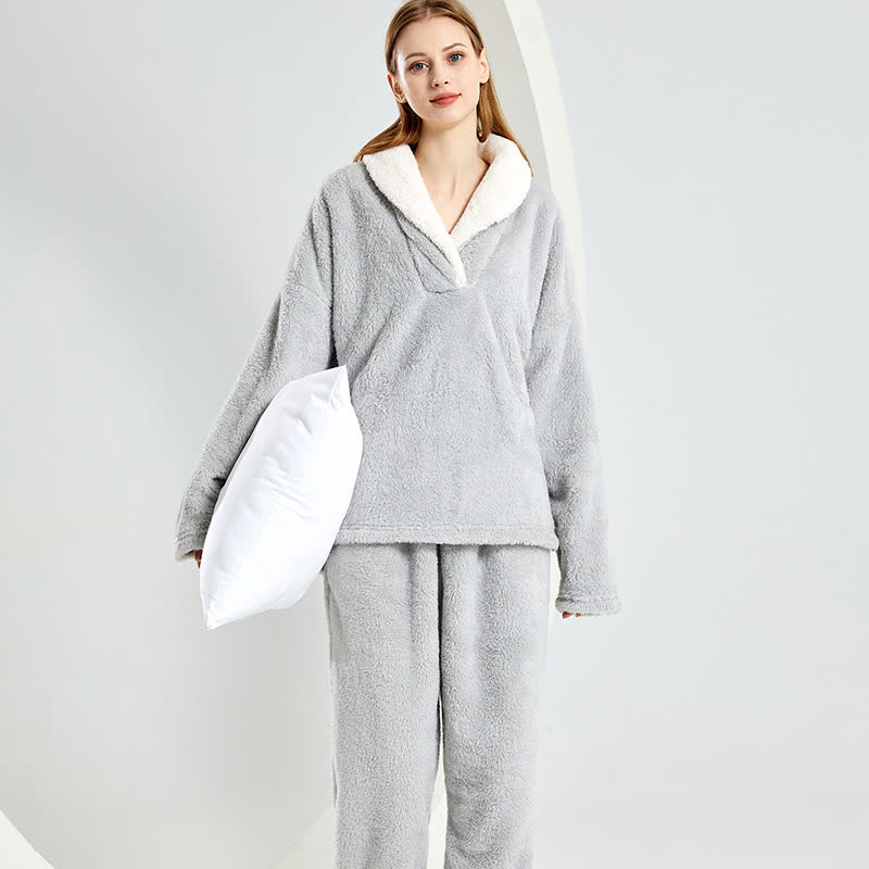 Ownkoti Simple V-Neck Warm Winter Loungewear Set - Gray - 2XL - image 9