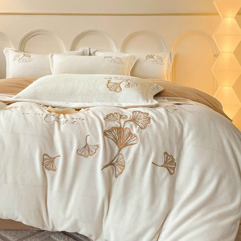 Ownkoti Ginkgo Leaf Embroidered Plush Bedding Set(4PCS) - White - King - image 1