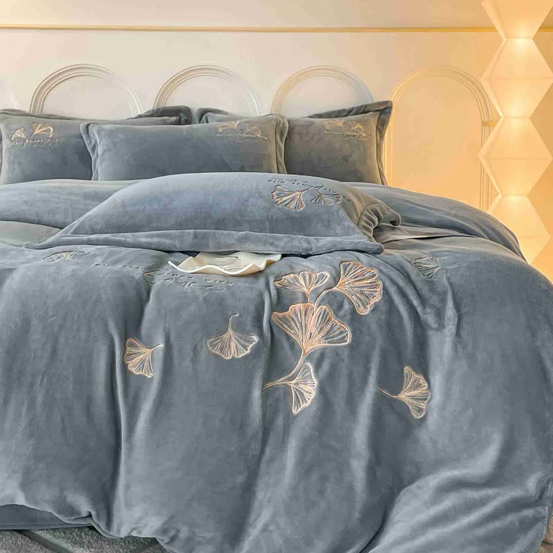 Ownkoti Ginkgo Leaf Embroidered Plush Bedding Set(4PCS) - Gray - King - image 8