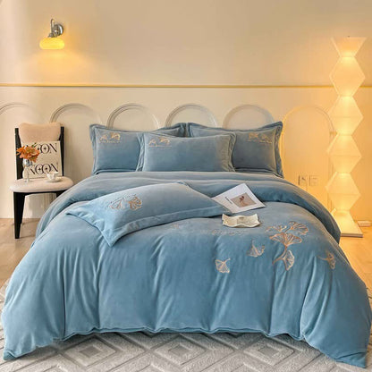 Ownkoti Ginkgo Leaf Embroidered Plush Bedding Set(4PCS) - Royal Blue - King - image 2