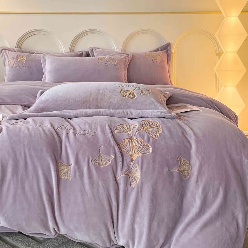 Ownkoti Ginkgo Leaf Embroidered Plush Bedding Set(4PCS) - Purple - King - image 0