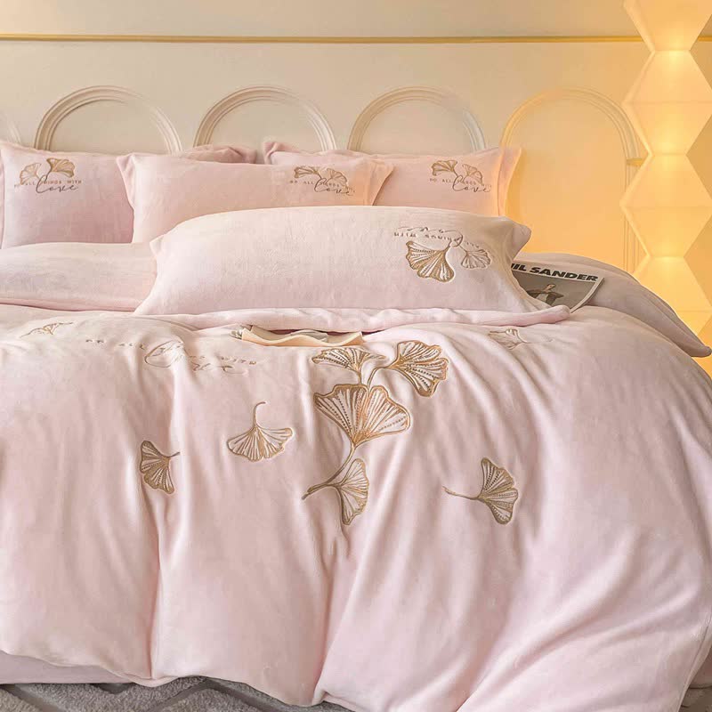 Ownkoti Ginkgo Leaf Embroidered Plush Bedding Set(4PCS) - Light Pink - King - image 7