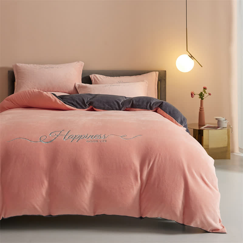 Ownkoti Happiness Embroidered Plush Bedding Set(4PCS) - Pink & Gray - King - image 17