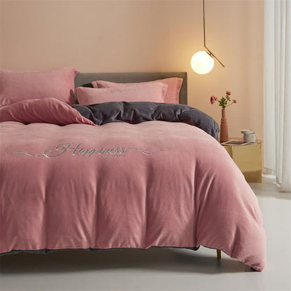 Ownkoti Happiness Embroidered Plush Bedding Set(4PCS) - Dark Pink & Gray - King - image 20