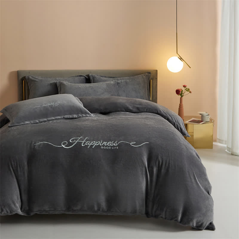 Ownkoti Happiness Embroidered Plush Bedding Set(4PCS) - Dark Gray - King - image 13
