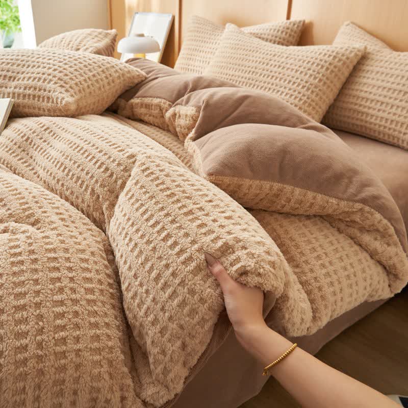 Ownkoti Plaid Textured Fluffy Bedding Set(4PCS) - Camel - King - image 6