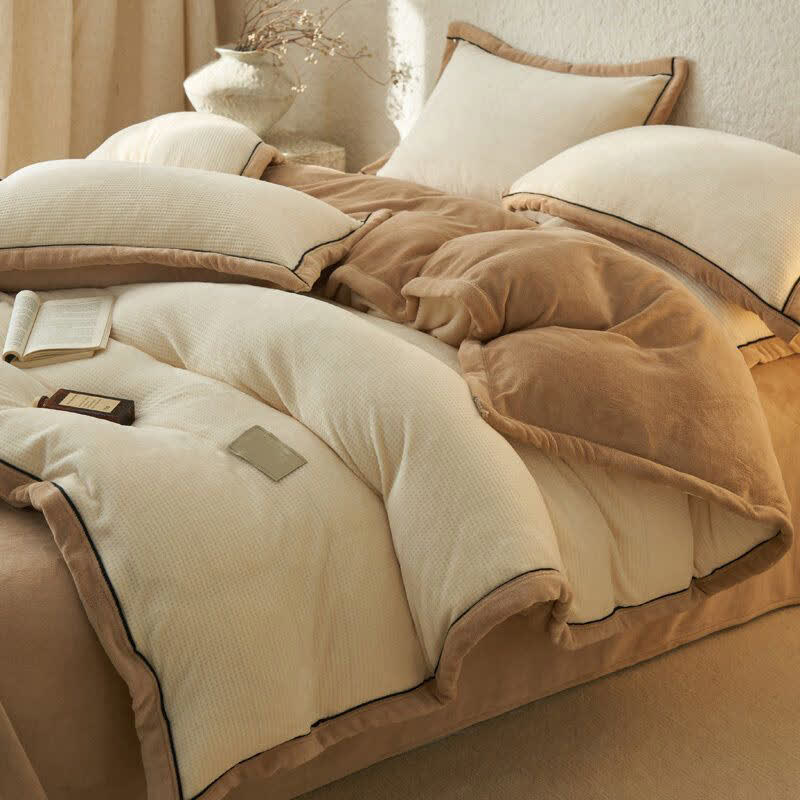 Ownkoti Waffle Textured  Reversible Plush Bedding Set(4PCS) - Beige - King - image 7