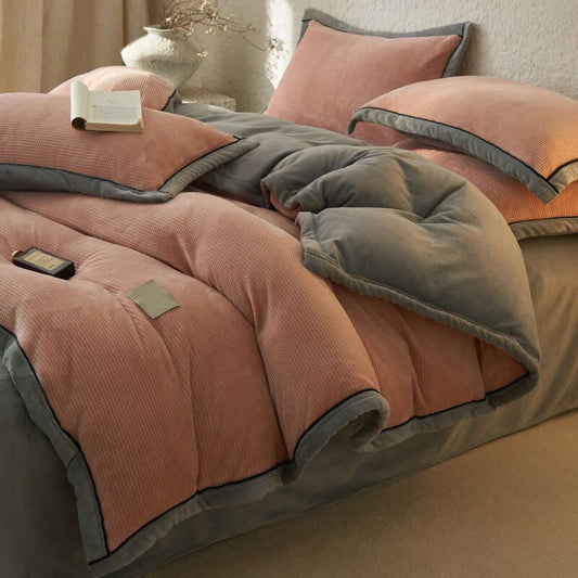 Ownkoti Waffle Textured  Reversible Plush Bedding Set(4PCS) - Pink - King - image 0