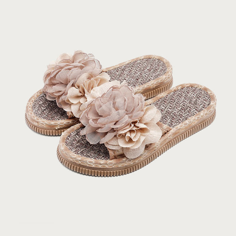 Ownkoti Chiffon Floral Linen House Slippers - Beige - L - image 13