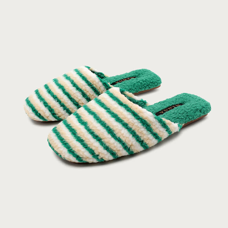 Ownkoti Striped Plush Warm House Slippers - Green - L - image 5