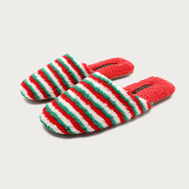 Ownkoti Striped Plush Warm House Slippers - Red&Green - L - image 3