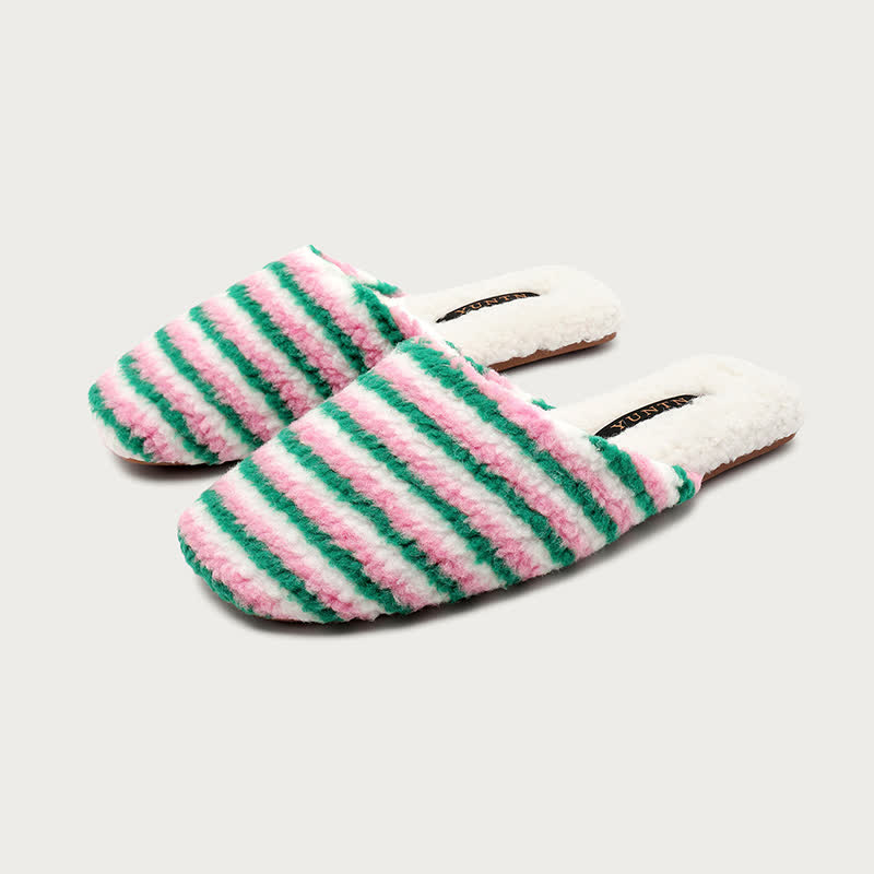 Ownkoti Striped Plush Warm House Slippers - Green&Pink - L - image 6
