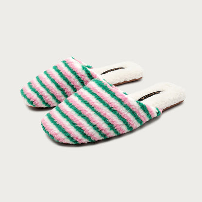 Ownkoti Striped Plush Warm House Slippers - Green&Pink - L - image 6