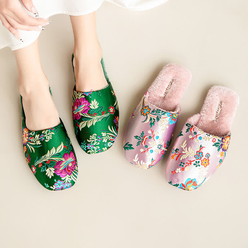 Ownkoti Retro Floral Embroidered Plush House Slippers - image 0