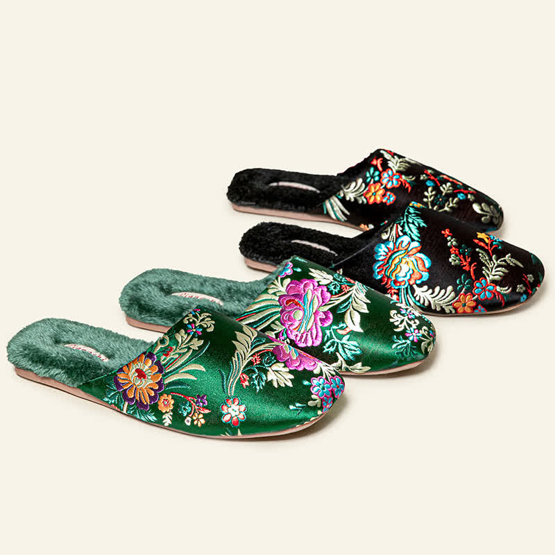 Ownkoti Retro Floral Embroidered Plush House Slippers - image 1