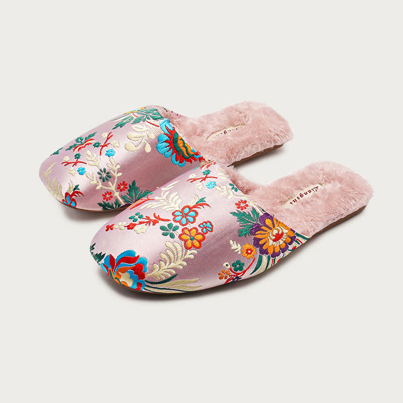 Ownkoti Retro Floral Embroidered Plush House Slippers - Pink - L - image 9