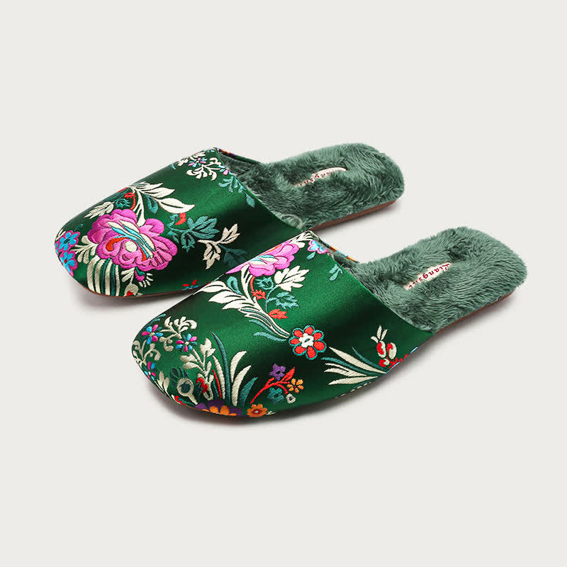 Ownkoti Retro Floral Embroidered Plush House Slippers - Green - L - image 3