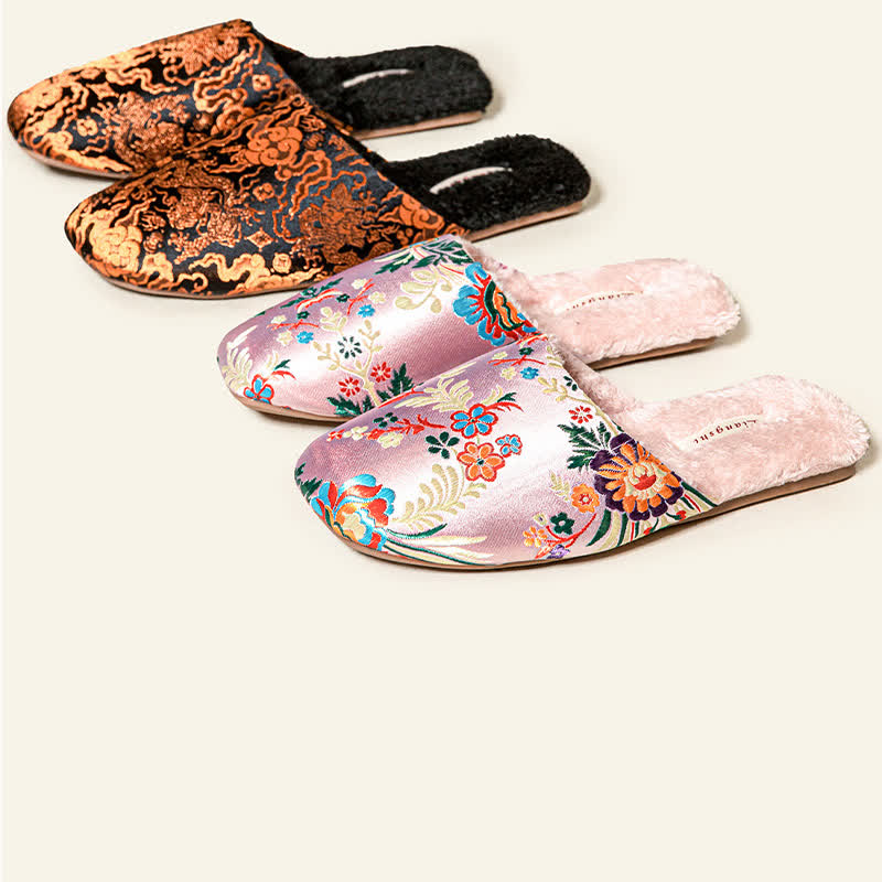 Ownkoti Retro Floral Embroidered Plush House Slippers - image 2