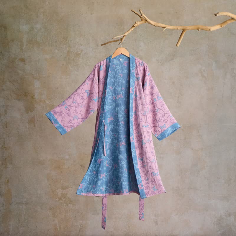 Ownkoti Elegant Floral Butterfly Cotton Gauze Kimono Robe - Pink - L - image 7
