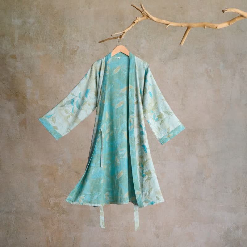 Ownkoti Natural Leaf Cotton Gauze Kimono Robe - Light Green - L - image 6