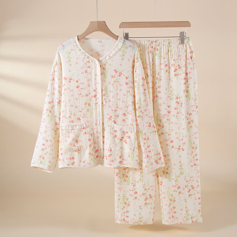 Ownkoti Elegant Begonia Cotton Gauze Pajama Set - White - XXL - image 0