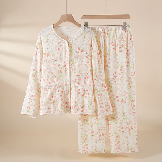 Ownkoti Elegant Begonia Cotton Gauze Pajama Set - White - XXL - image 0