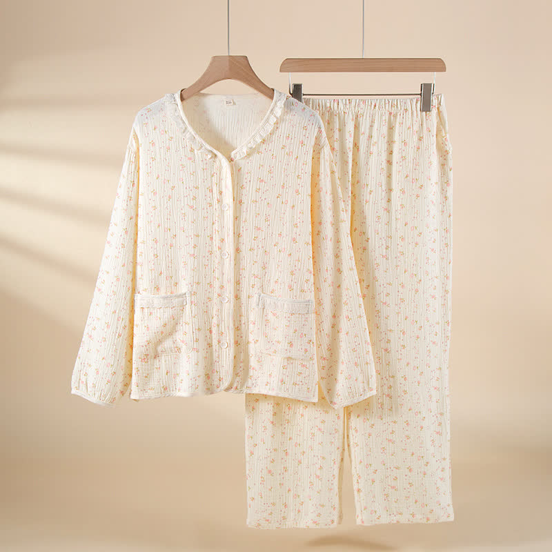 Ownkoti Floral Cotton Gauze Ruffled Pajama Set - White - XXL - image 0