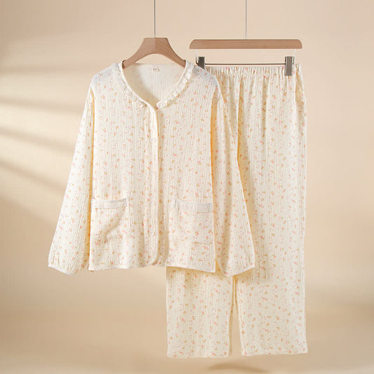 Ownkoti Floral Cotton Gauze Ruffled Pajama Set - White - XXL - image 0