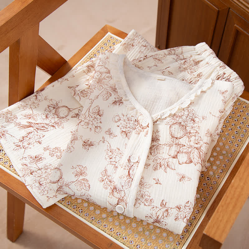 Ownkoti Retro Floral Cotton Gauze Ruffled Pajama Set - image 1