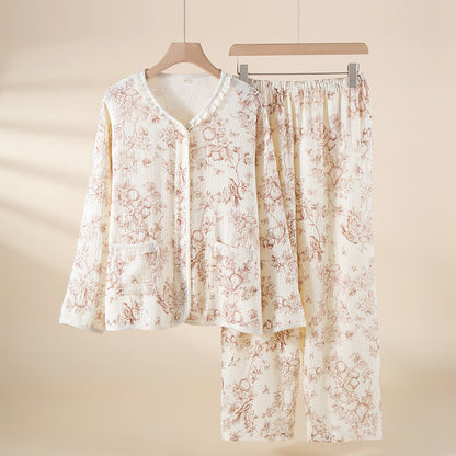Ownkoti Retro Floral Cotton Gauze Ruffled Pajama Set - White - XXL - image 0
