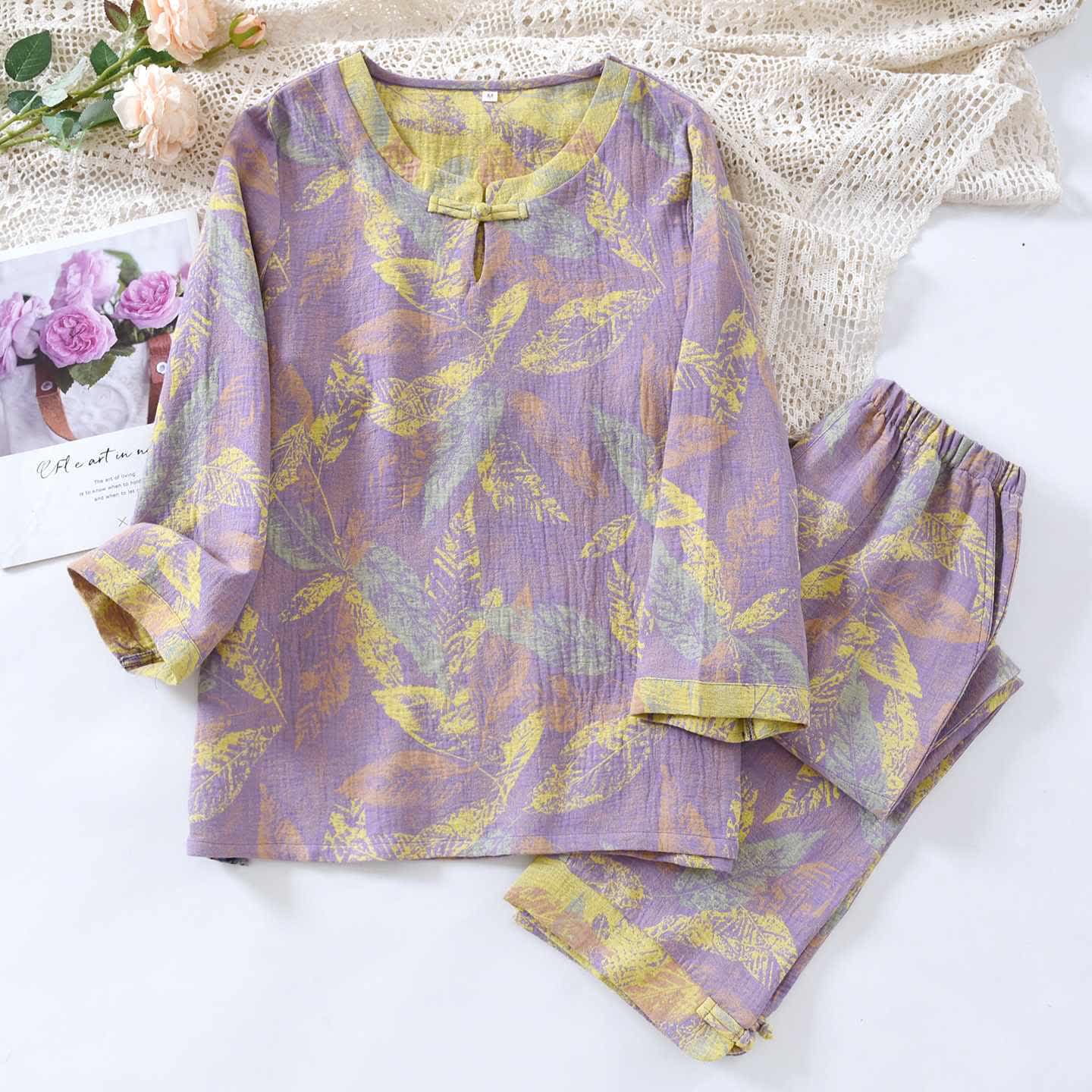 Ownkoti Oriental Style Leaf Pure Cotton Pajama Set - Purple - XL - image 2