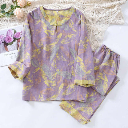 Ownkoti Oriental Style Leaf Pure Cotton Pajama Set - Purple - XL - image 2