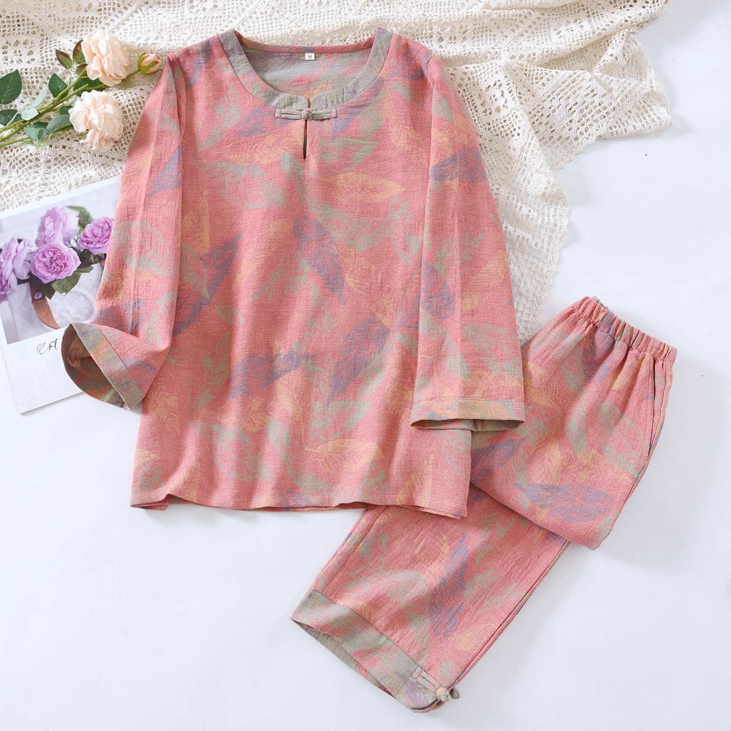 Ownkoti Oriental Style Leaf Pure Cotton Pajama Set - Pink - XL - image 9