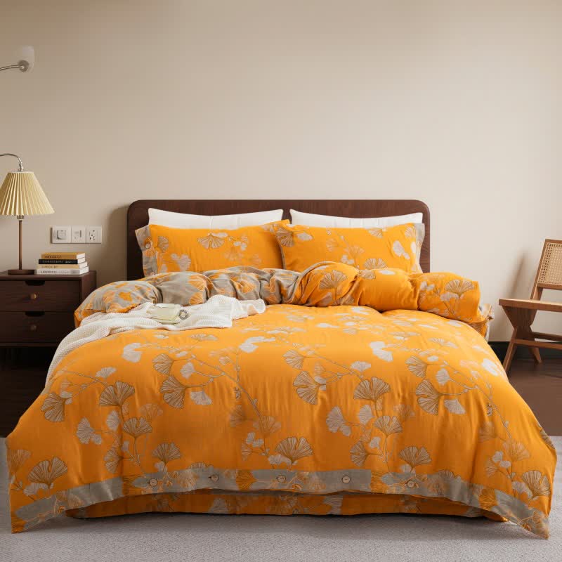 Ownkoti Button Ginkgo Leaf Cotton Gauze Bedding Set (4PCS) - Orange & Gray - King - image 30