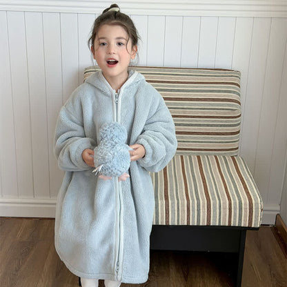 Ownkoti Simple Hooded Plush Zip-Up Child Robe - Blue - Child:170cm - image 8