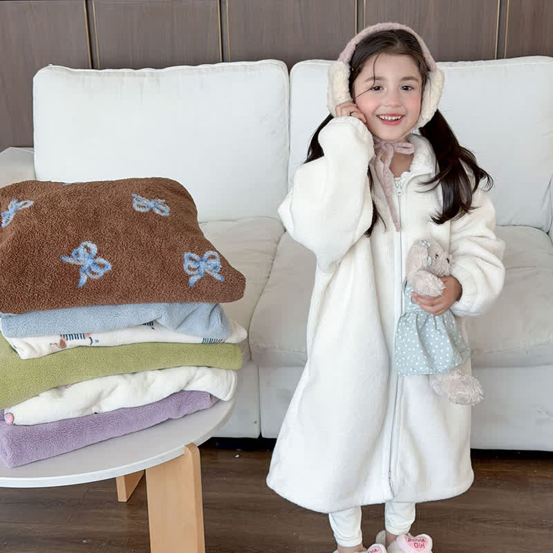 Ownkoti Simple Hooded Plush Zip-Up Child Robe - White - Child:170cm - image 0